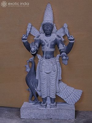 40" Lord Kartikeya (Murugan) in Blessing Gesture | Hand Carved Granite Stone Statue