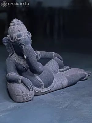 26" Lord Ganesha Relaxing on Pillow | Granite Carved Stone Statue