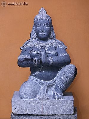 22" Seated Apsara in Namaskar Mudra | Granite Carved Stone Statue