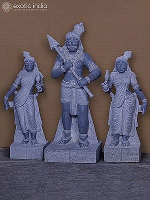 34" Lord Kartikeya With Devasena And Valli | Hand Carved | Granite Stone Statue