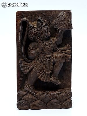 7" Lord Hanuman Carrying Sanjeevani | Wood Carved Statue