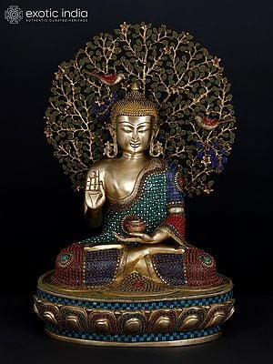 28" Lord Buddha in Vitark Mudra Seated Under The Bodhi Tree | Brass Statue with Inlay Work