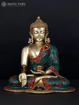 17" Lord Buddha Seated in Varada Mudra | Brass Statue with Inlay Work