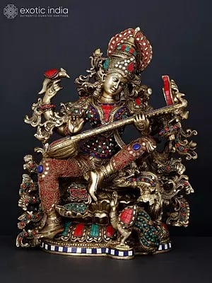 17" Four Armed Goddess Saraswati Playing Veena | Brass Statue with Inlay Work