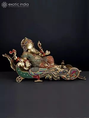 32" Brass Ganesha Idol Relaxing on Peacock Recliner | Brass Staute with Inlay Work