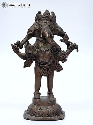 7" Three Headed Standing Lord Ganesha | Tribal Brass Statue