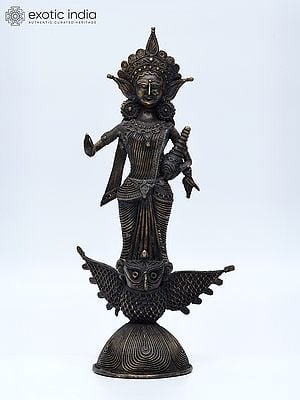 14" Goddess Lakshmi Standing on Owl | Tribal Brass Statue