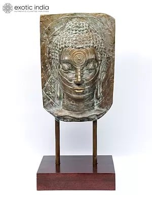 30" Bronze Meditating Buddha Head on Wood Base