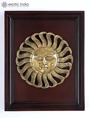 16" Wood Framed Surya Dev in Brass | Wall Hanging Statue