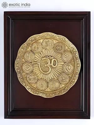 16" Brass Auspicious Symbols of Hinduism with Om | Wood Framed Sculpture | Wall Hanging