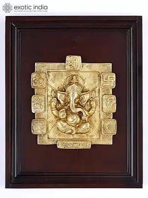 16" Blessing Ganesha with Auspicious Hindu Symbols | Wood Framed Sculpture | Brass Wall Hanging Idol