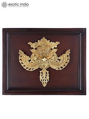 16" Wood Framed Brass Kirtimukha Wall Hanging Statue