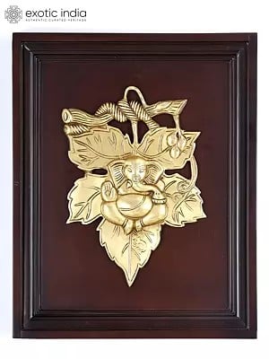 16" Brass Leaf Ganesha | Wood Framed Sculpture