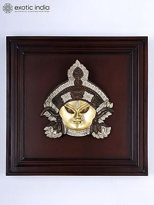 20" Goddess Durga Face | Wood Framed Brass Sculpture | Wall Hanging