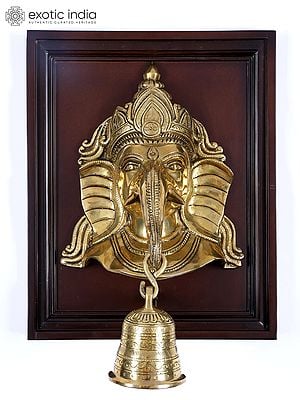 16" Lord Ganesha Mask with Engraved Bell | Wood Framed Brass Sculpture | Wall Hanging