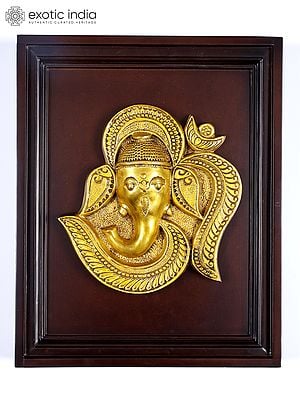 16" Om (Aum) Ganesha | Wood Framed Brass Sculpture | Wall Hanging