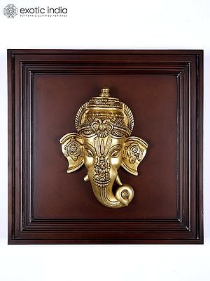 20" Brass Lord Ganesha Mask with Goddess Lakshmi | Wood Framed Brass Sculpture | Wall Hanging