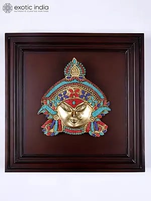 20" Brass Goddess Durga Face with Inlay Work | Wood Framed Sculpture | Wall Hanging