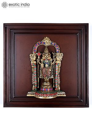 20" Brass Tirupati Balaji (Venkateshvara) with Inlay Work | Wood Framed Sculpture | Wall Hanging