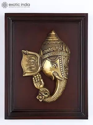 16" Stylized Blessing Ganesha | Wood Framed Brass Sculpture | Wall Hanging