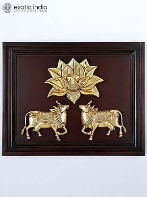 16" Wood Framed Brass Pair of Kamadhenu Cow with Lotus | Wall Hanging