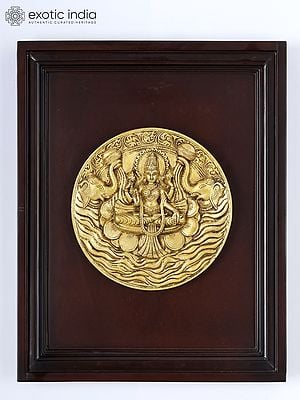 16" Wood Framed Gajalakshmi Plate in Brass | Wall Hanging