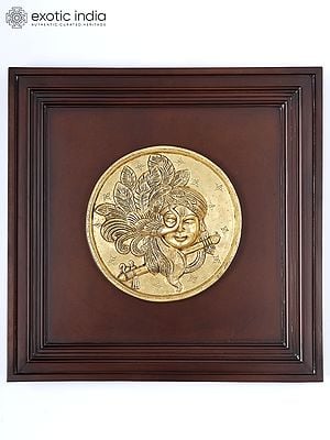 20" Lord Krishna Plate | Wood Framed Brass Sculpture | Wall Hanging