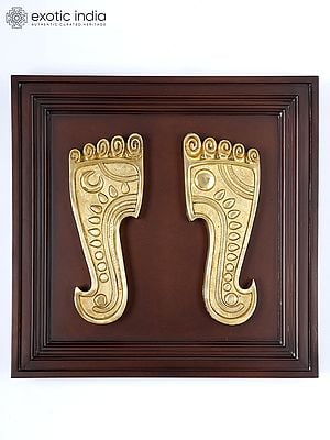 20" Wood Framed Charan Paduka with Sun and Moon Figures in Brass | Wall Hanging