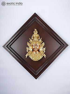 24" Superbly Detailed Green Tara Mask | Wood Framed Brass Sculpture | Wall Hanging