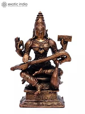 4" Small Four Armed Goddess Saraswati | Copper Statue