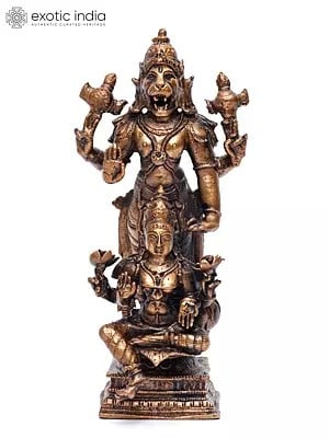 6" Small Standing Lord Narasimha with Goddess Lakshmi | Copper Statue