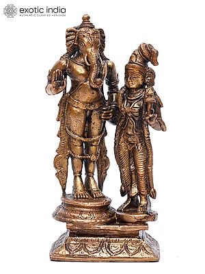 6" Small Standing Lord Ganesha with Devi Lakshmi | Copper Statue