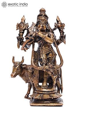 5" Small Venugopal Krishna with Cow | Copper Statue