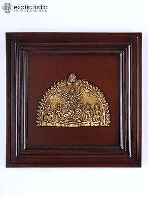 16" Brass Durga Parivar Wall Hanging Plate | Wood Framed Sculpture