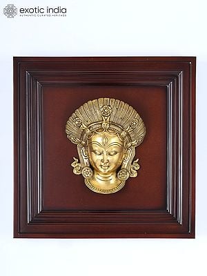 16" Devi Mask | Wood Framed Brass Sculpture | Wall Hanging