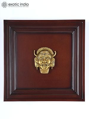 16" Brass Wall Hanging Bhairava Mask | Wood Framed Sculpture