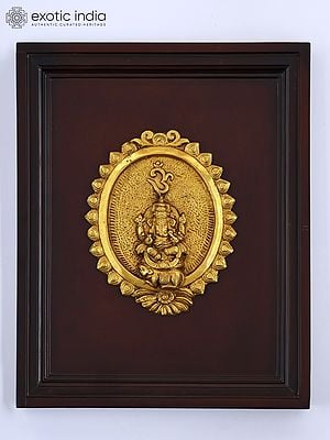 16" Brass Lord Ganesha Wall Hanging Plate | Wood Framed Sculpture