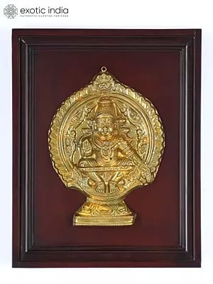 16" Lord Ayyappan | Wood Framed Brass Sculpture | Wall Hanging