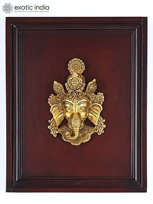 16" Lord Ganesha Mask | Wood Framed Brass Sculpture | Wall Hanging