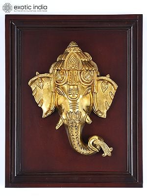 16" Wood Framed Ganesha Face in Brass | Wall Hanging