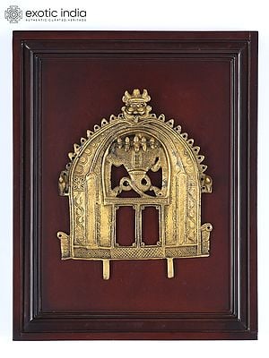 16" Wood Framed Kirtimukha Prabhavali in Brass | Wall Hanging