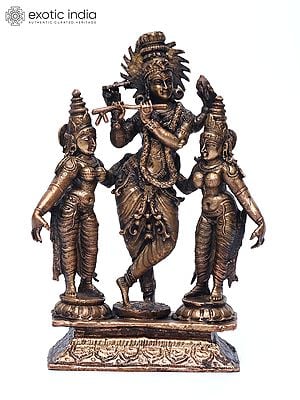 6" Small Standing Lord Krishna with Rukmini and Satyabhama | Copper Statue