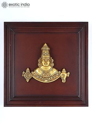 20" Tirupati Balaji (Venkateshvara) Bust with Shankh Chakra | Wood Framed Brass Sculpture | Wall Hanging