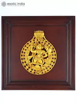 20" Lord Hanuman Carrying Lotus Flower and Krishna on The Top | Wood Framed Brass Sculpture | Wall Hanging