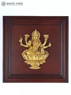 20" Six Armed Blessing Goddess Lakshmi Seated on Lotus | Wood Framed Brass Sculpture | Wall Hanging