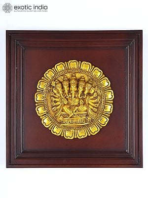 20" Panchamukhi Ganesha | Wood Framed Brass Sculpture | Wall Hanging