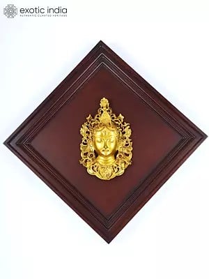 20" Goddess Tara Mask | Wood Framed Brass Sculpture | Wall Hanging