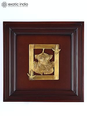 16" Leaf Ganesha | Wood Framed Brass Sculpture | Wall Hanging