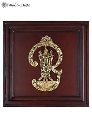 20" Brass Tamil Om Lord Venkateshvara (Tirupati Balaji) | Wood Framed Brass Sculpture | Wall Hanging