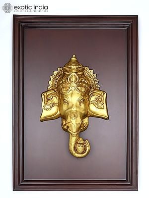 41" Lord Ganesha Face Mask | Wood Framed Brass Sculpture | Wall Hanging